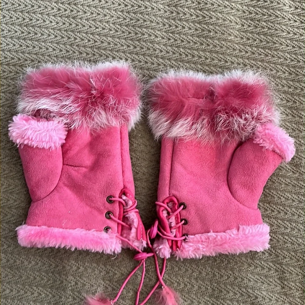Pink Faux Fur Fingerless Lace Up Gloves